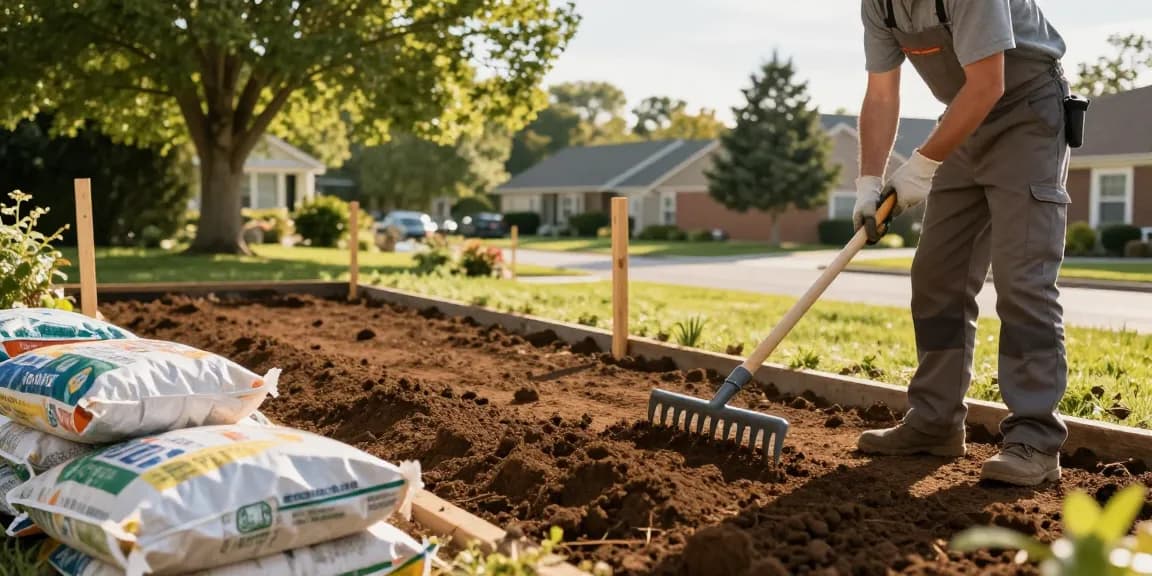 Top soil grading Ottawa scene with landscaper preparing yard using premium soil and tools.