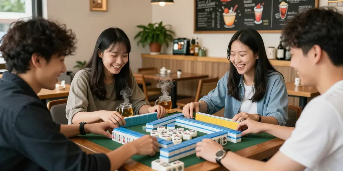 Friends playing mahjong at https://hm88.cafe/, enjoying lively interaction with colorful tiles and tea.