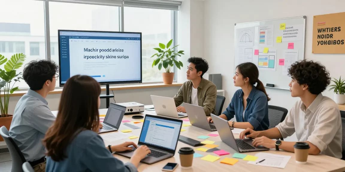 Team brainstorming for WPS Download strategies in a modern workspace, with laptops open showcasing the WPS Office software.