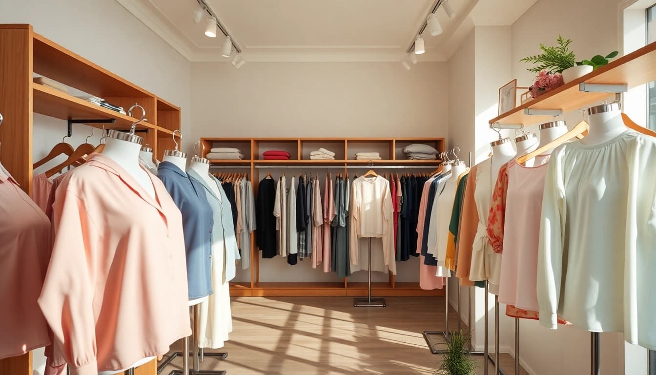 Women’s Clothing Manufacturer showcasing elegant tops in a stylish showroom.