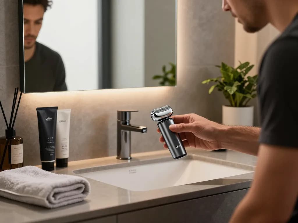 Man using a Laifen shaver in a modern grooming space, showcasing sleek design and stylish ambiance.