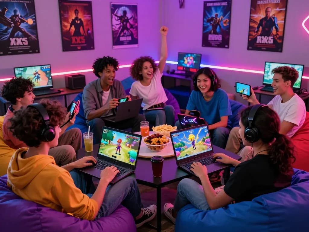 Gamers enjoying xxx games in a vibrant lounge filled with colorful graphics and devices.