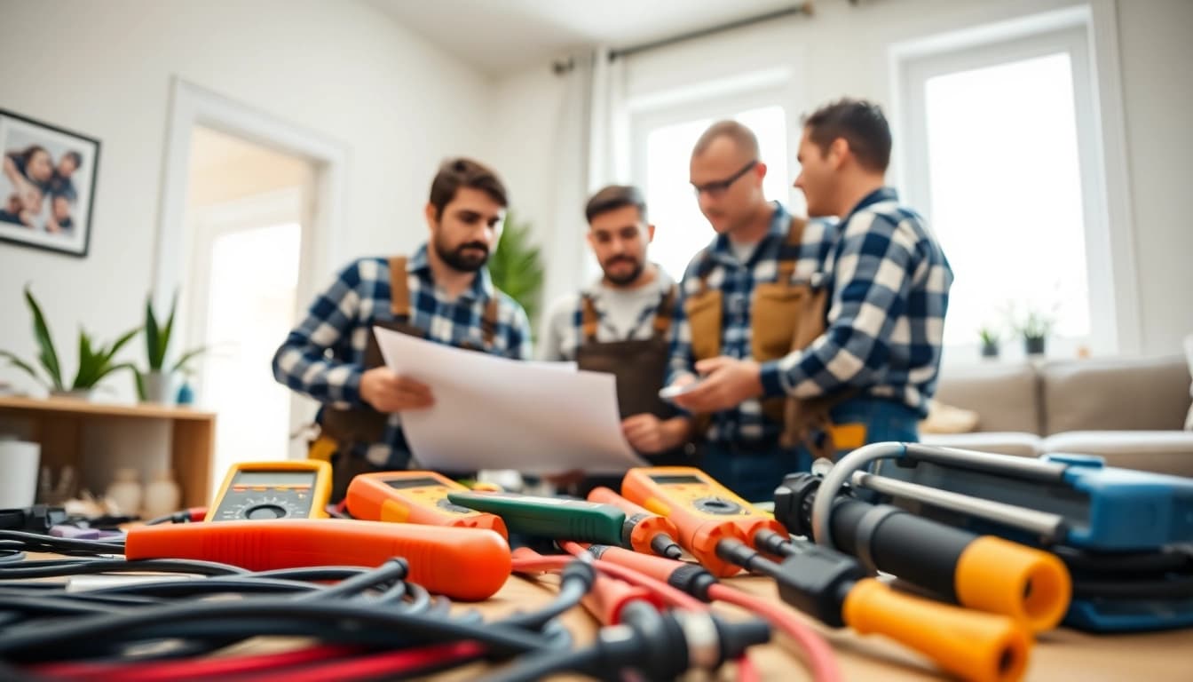 Skilled electricians in Vancouver install electrical systems in a well-lit home.