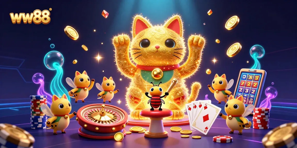 Experience the vibrancy of ww88 with a giant lucky cat and dynamic casino elements.