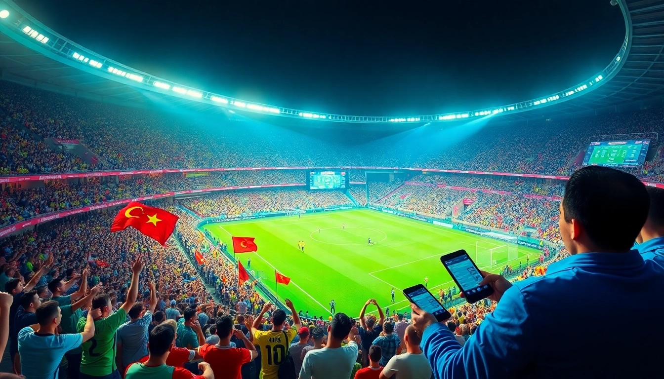Engaging scene of "keo nha cai" betting during a football match with enthusiastic crowd and betting displays.