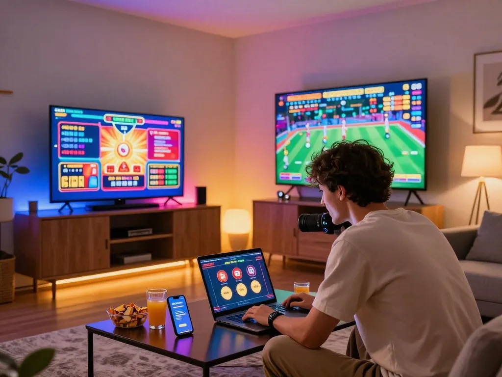 Excited player engaging with MM88 in a modern living room, showcasing vibrant games and a fun gambling atmosphere.