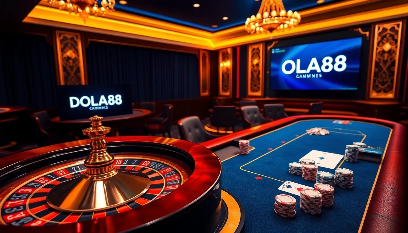 DOLA88 online gambling experience featuring a sophisticated casino backdrop with a roulette wheel and poker table.