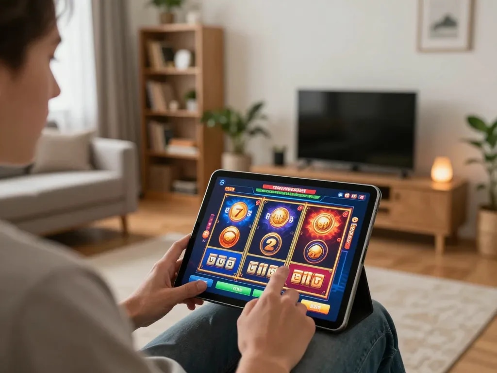 Engaging with online slot games at Red88, a vibrant home gaming atmosphere with tablet interface.