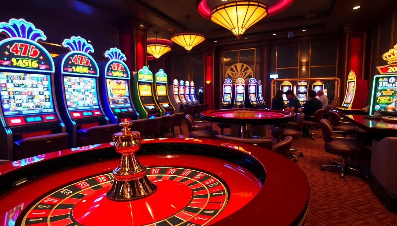 Nohu90 players placing bets at an opulent casino table with vibrant slot machines and roulette.