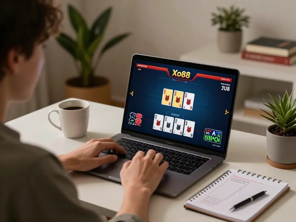 Xo88 player engaging online with live dealer game, strategic notes at hand, responsible gaming focus.