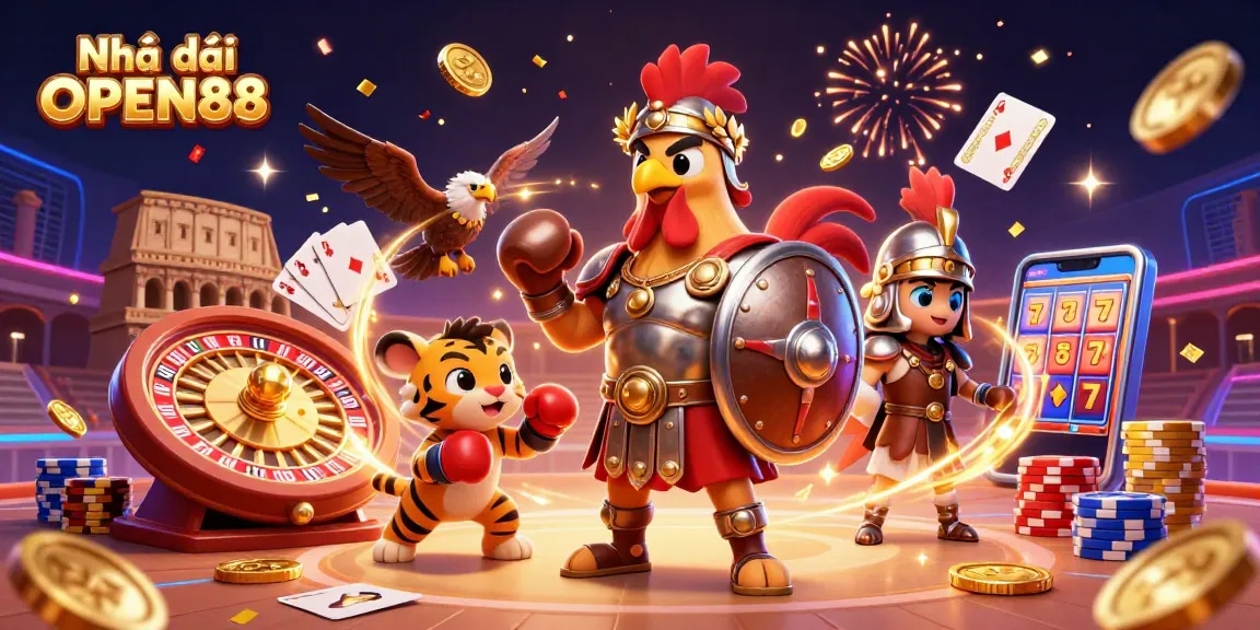 Experience excitement with Nhà cái OPEN88 in this dynamic 3D casino scene featuring colorful gaming elements.