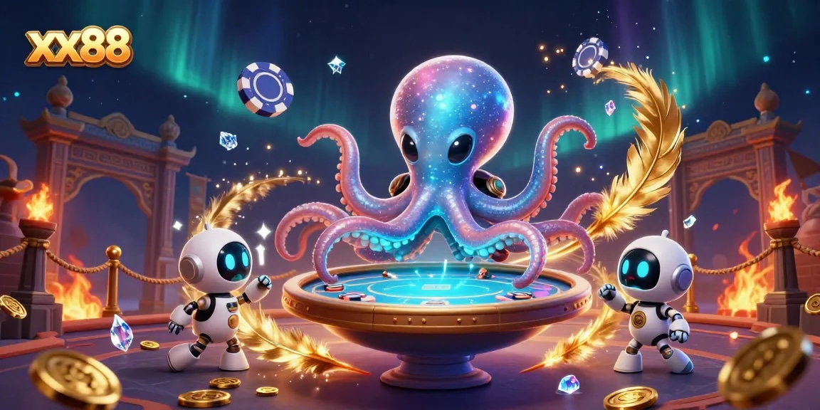 Experience the thrilling action at xx88 with a vibrant alien octopus at a poker table.