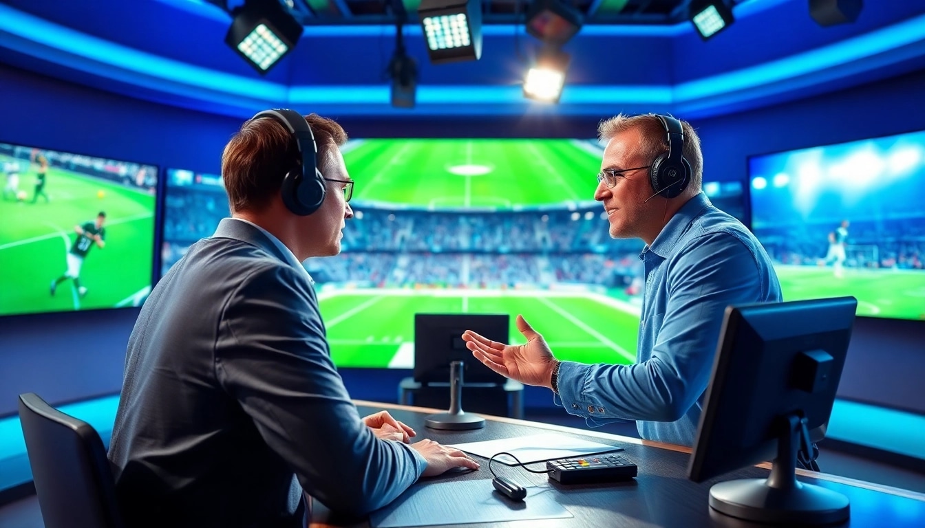 Engaging sports broadcasting analyst showcasing dynamic sports content in a lively studio.