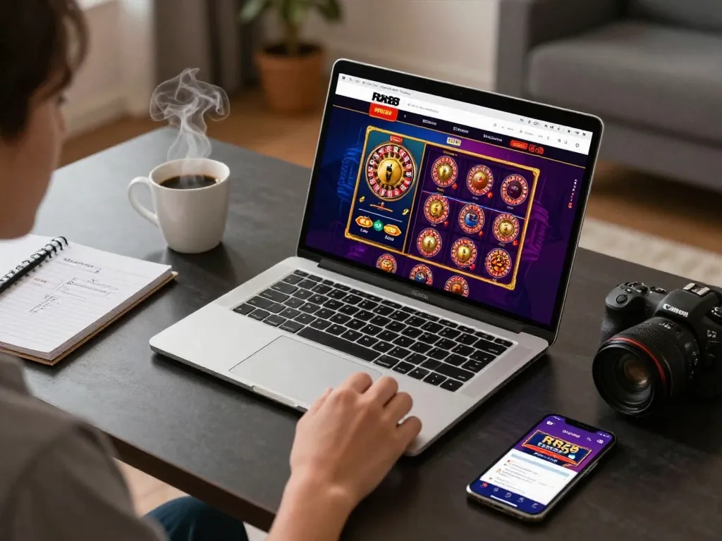 Engaging in online casino gameplay at https://rr88.com.se/ with vibrant game graphics displayed on a laptop.