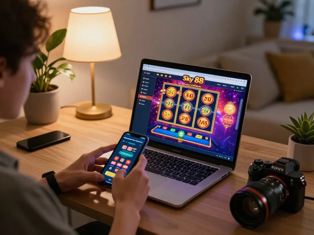 Engaged player experiencing Sky 88's online gaming interface during a home session