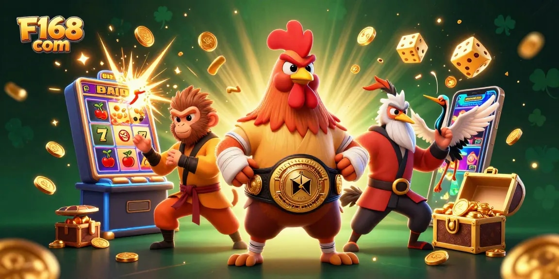 Engage in thrilling games at F168 com, featuring unique characters in a dynamic casino scene.
