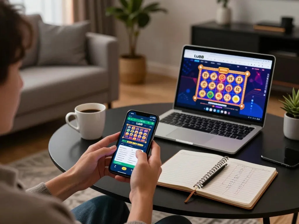 Engaging with the Lu88 mobile casino app shows vibrant slot graphics and strategic notes.