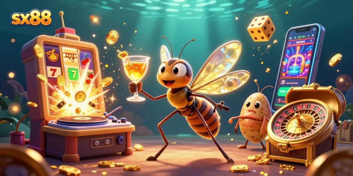 Engage with sx88's thrilling gaming world as a cartoon mosquito mascot and trilobite DJ spin adventures!