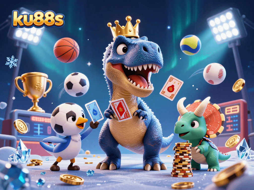 Experience thrilling gameplay with ku88s as a T-Rex shuffles cards, surrounded by dynamic sports elements.