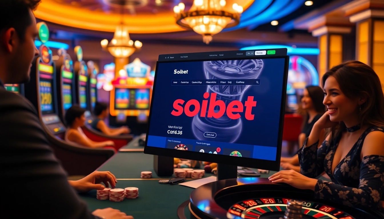 Engaged players enjoying games at Soibet ไทย online casino with vibrant slot machines and roulette.