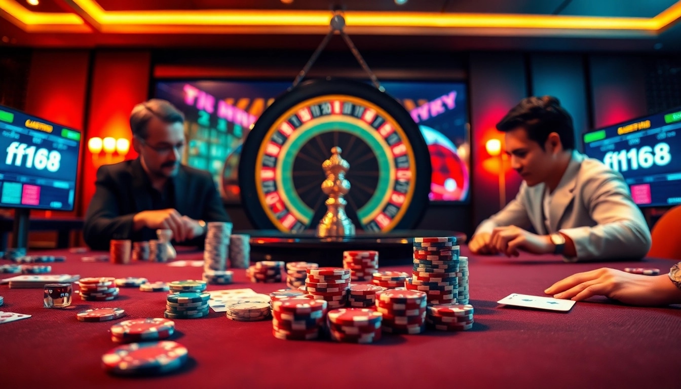Casino scene illustrating eager players engaging with digital betting screens featuring Link mới nhất f168, immersed in thrilling gambling.