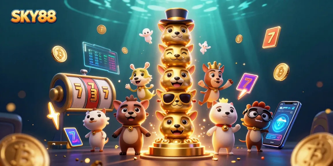Spin the reels at SKY88 with a dynamic illustration of a golden totem pole surrounded by cryptos and slots.