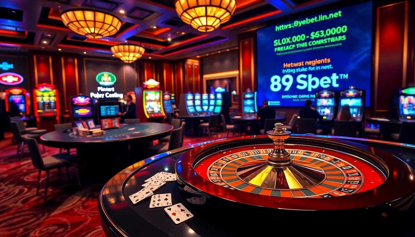 Engage in thrilling games on https://89bet.in.net/ with a colorful casino scene showcasing roulette and poker.