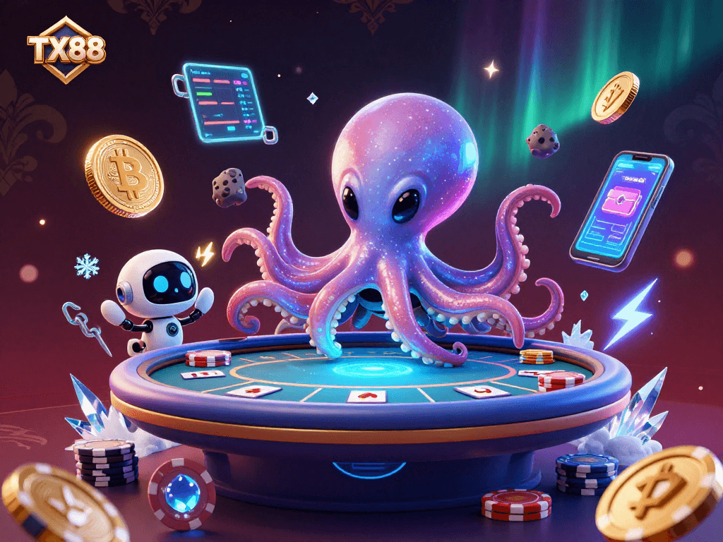 Engage with TX88 at a cosmic poker table featuring a vibrant alien octopus and crypto elements.