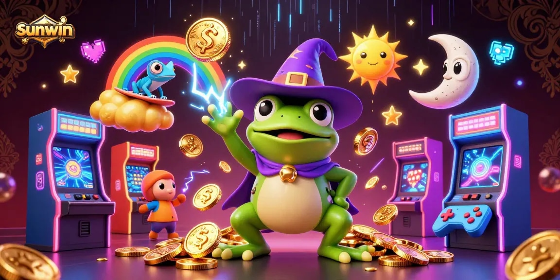 Sunwin gaming experience comes alive with vibrant characters and golden coins in this thrilling illustration.