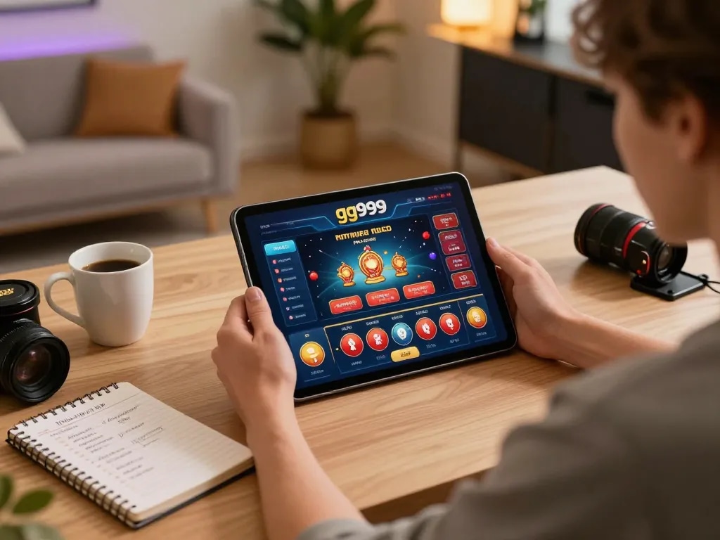 Skena permainan online yang menarik dengan antarmuka gg999 yang ditampilkan di tablet dalam pengaturan rumah yang nyaman.
