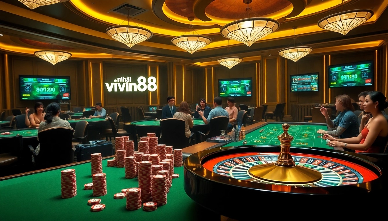 Exciting gameplay at nhà cái vin88 showcasing luxury casino tables and vibrant chips.