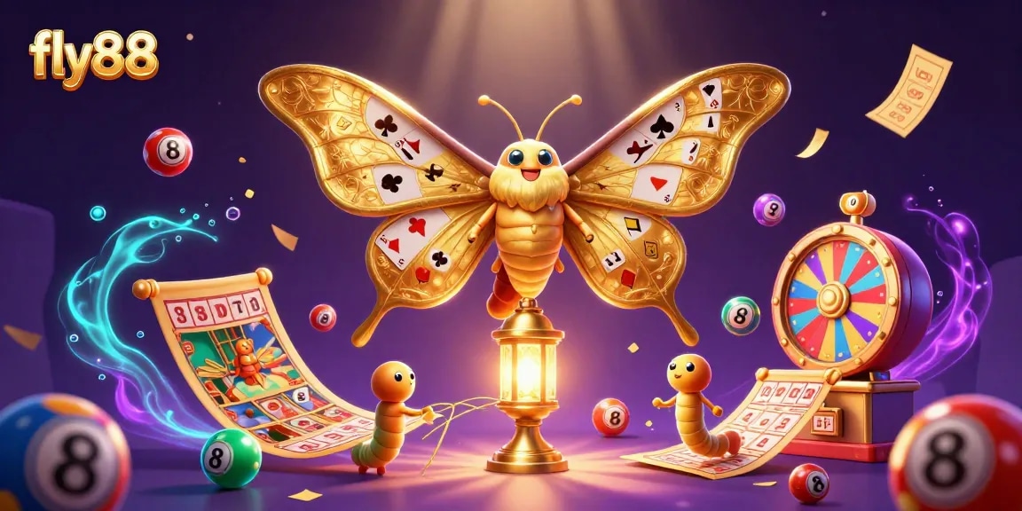 Experience the thrill of fly88 with vibrant lottery elements and a majestic moth symbolizing luck.