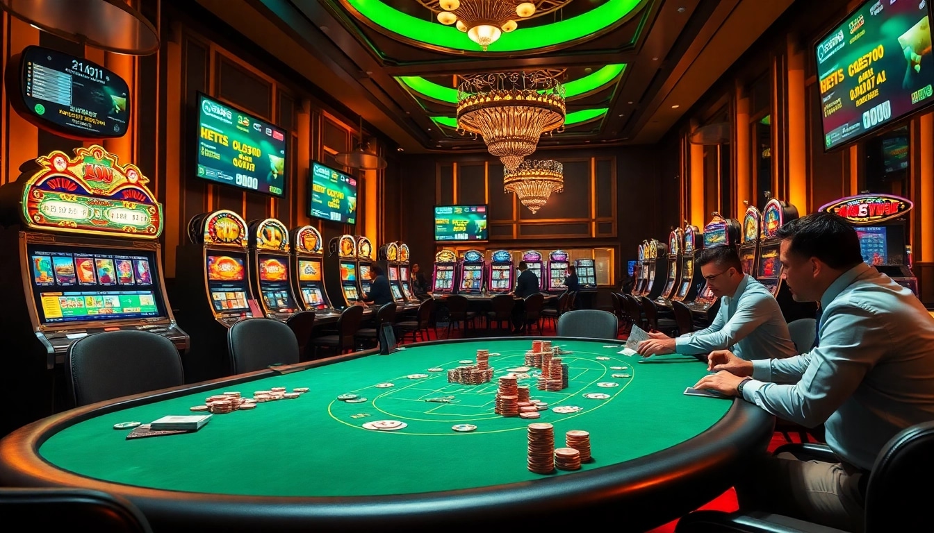 A vibrant casino scene featuring poker tables and slot machines with betting information from https://kjc.name.