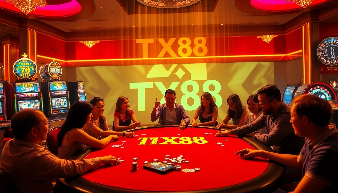 TX88-themed poker table with players and excitement in a luxurious casino setting.