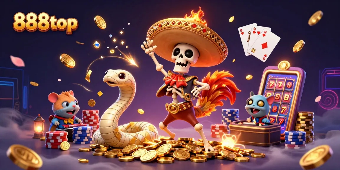 Experience excitement at 888top with a lively casino scene featuring vibrant characters and dynamic gaming elements.
