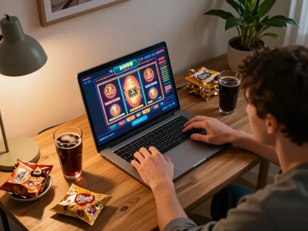 Player engaging with the WW88 platform on a laptop in a cozy home, showcasing an exciting online gambling experience.