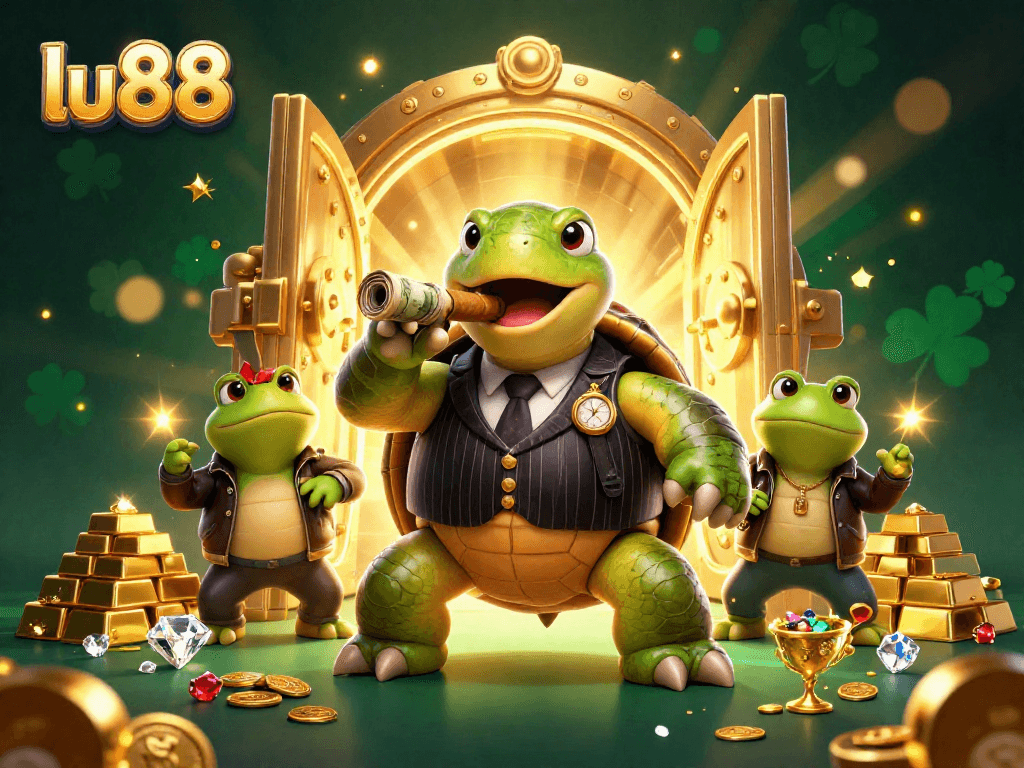 Join the excitement at lu88, featuring a cartoon turtle and bullfrog enforcers by treasure in a vibrant casino scene.