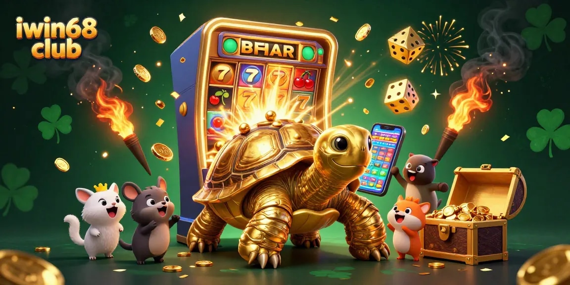 Experience gaming thrills at iwin68 club with a golden tortoise pinball machine amidst a jackpot celebration.