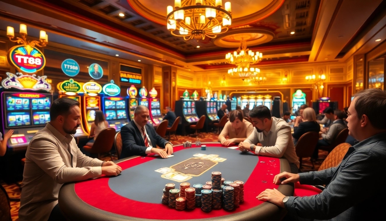 TT88 casino players engaging in high-stakes poker with colorful chips and vibrant slot machines.
