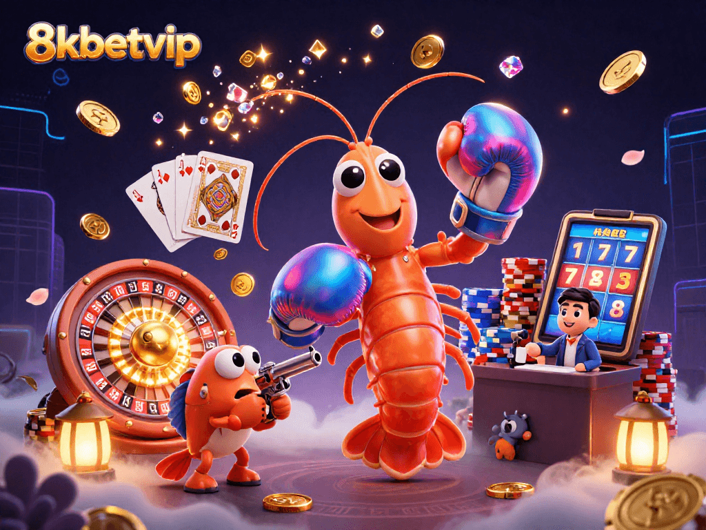 Experience the vibrant excitement of 8kbetvip with a dynamic ocean-themed casino scene featuring energetic characters and game elements.