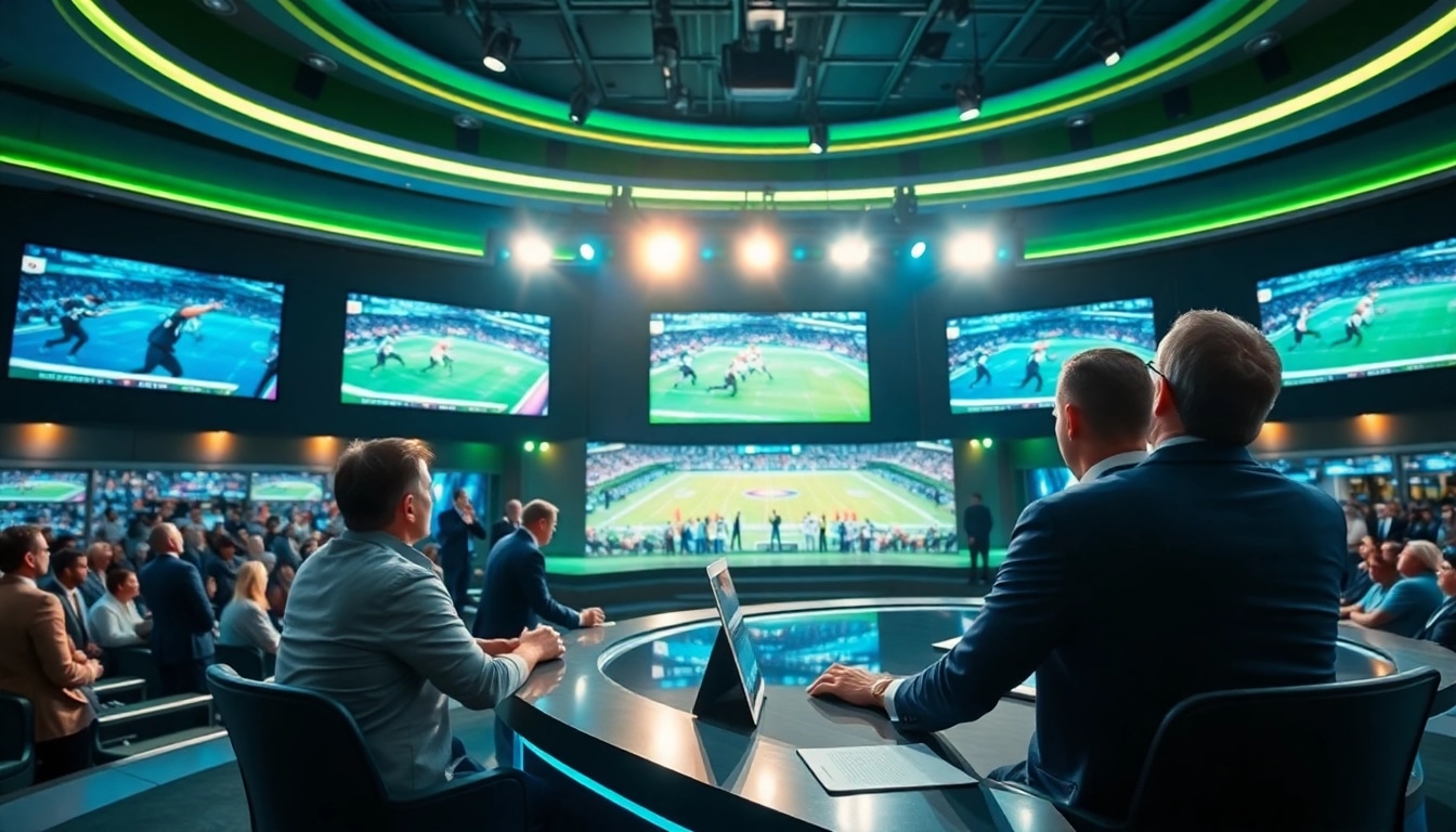 Captivating sports broadcasting studio showing hosts passionately discussing live events.