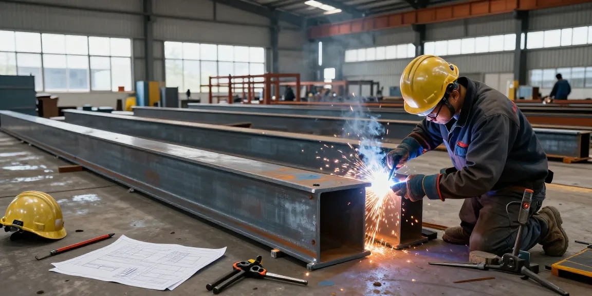 Workers expertly fabricating steel structures in a modern workshop, showcasing a commercial steel company.