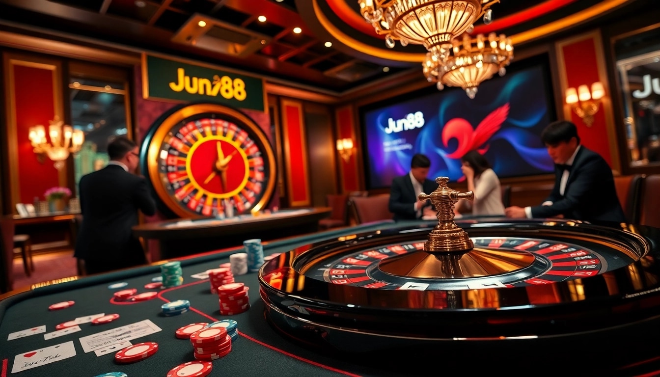Players enjoying a high-stakes game at Jun88's vibrant casino table with roulette.