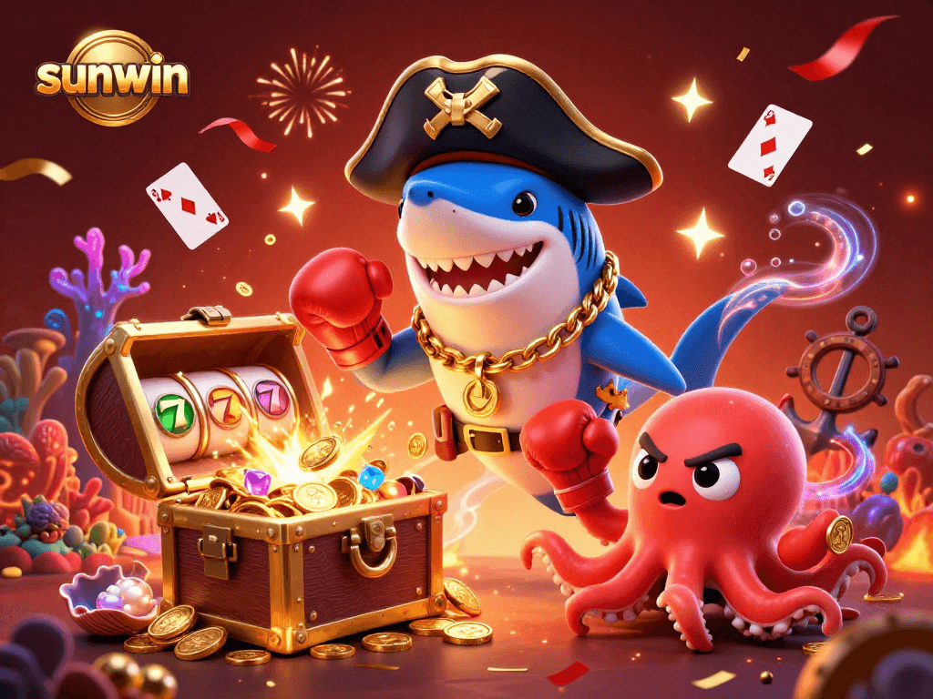 Join the thrilling adventure with sunwin, where a pirate shark, boxing pufferfish, and coin-holding octopus celebrate in a vibrant casino scene.