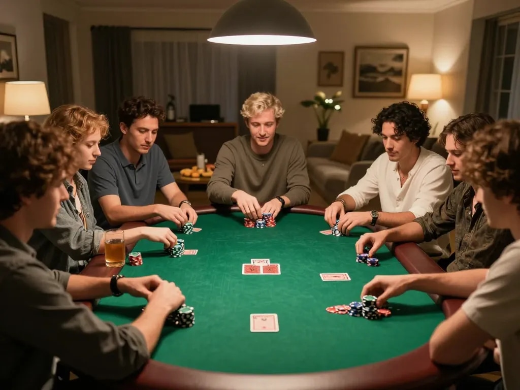 Players enjoying a fun poker night with friends at LC88, showcasing chips, cards, and a vibrant atmosphere.