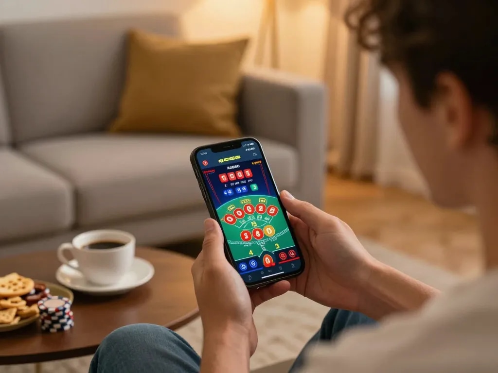 Engaging with go88 mobile app for live baccarat gameplay in a cozy home setting.