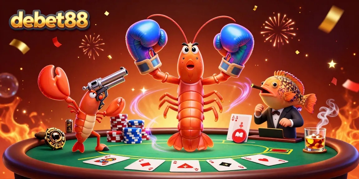 Engaging debet88 casino scene featuring a mantis shrimp in boxing gloves and poker elements.