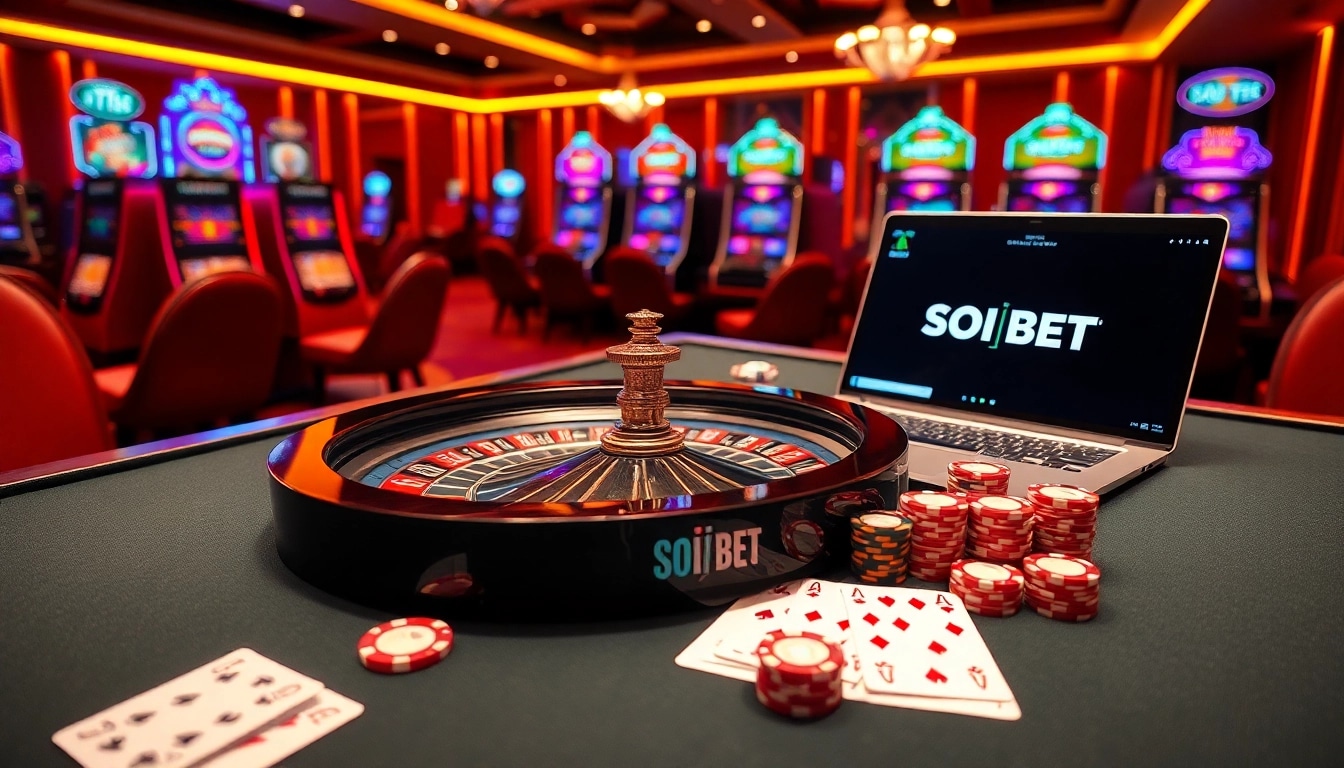 Engaging casino environment featuring soibet ไทย with vibrant roulette and poker elements.