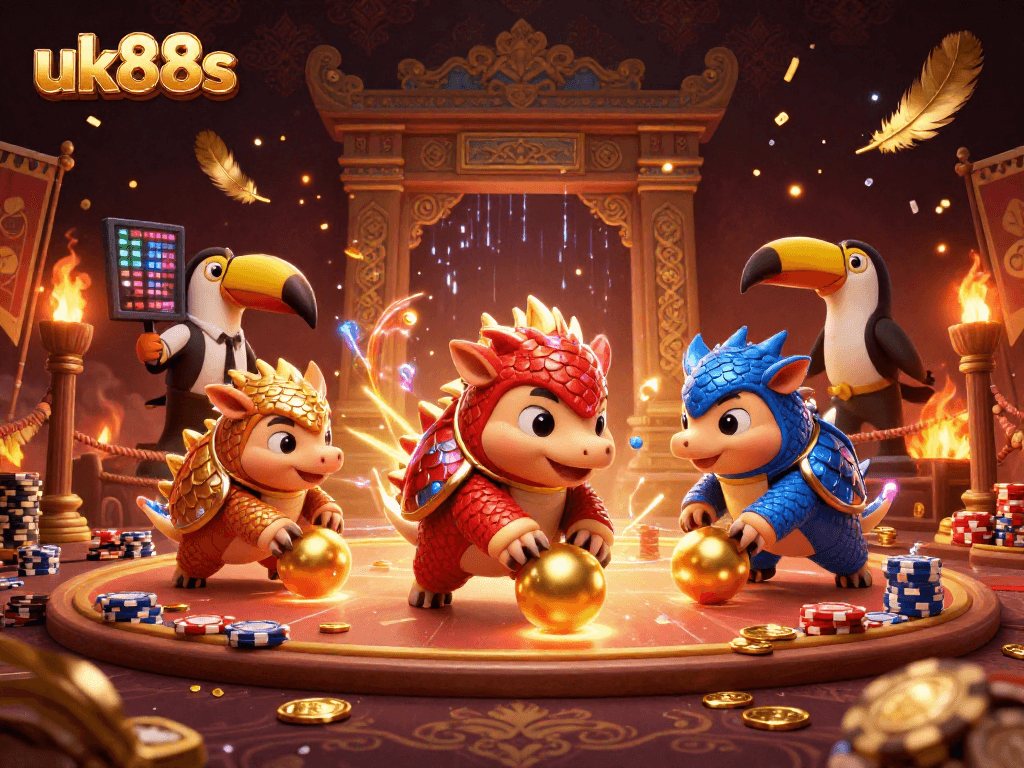 Compete in thrilling games at uk88s with 3D pangolins engaging in exciting casino action.