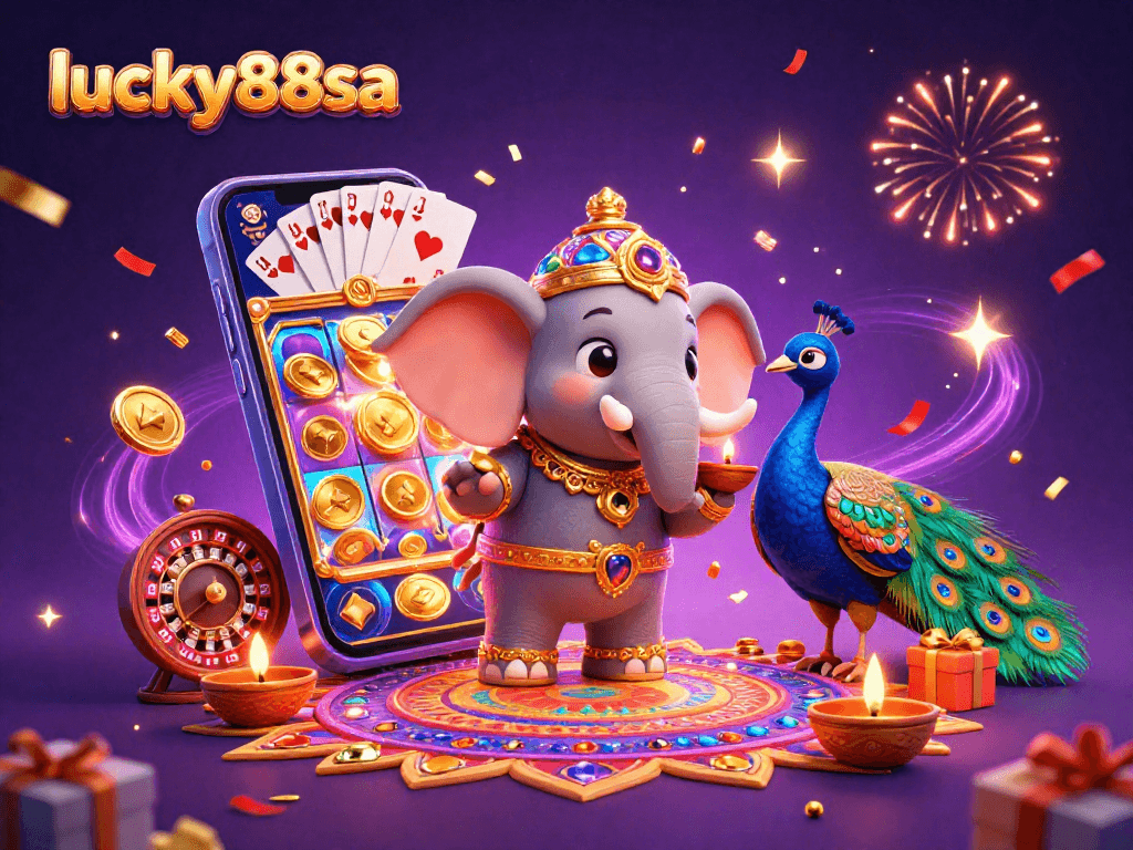 Engage with lucky88sa's vibrant gaming world featuring a colorful casino scene with dynamic characters and slot elements.